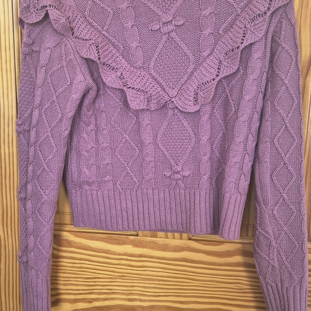 Lilac Off-the-Shoulder Cable Knit Sweater with Ruffle Yoke